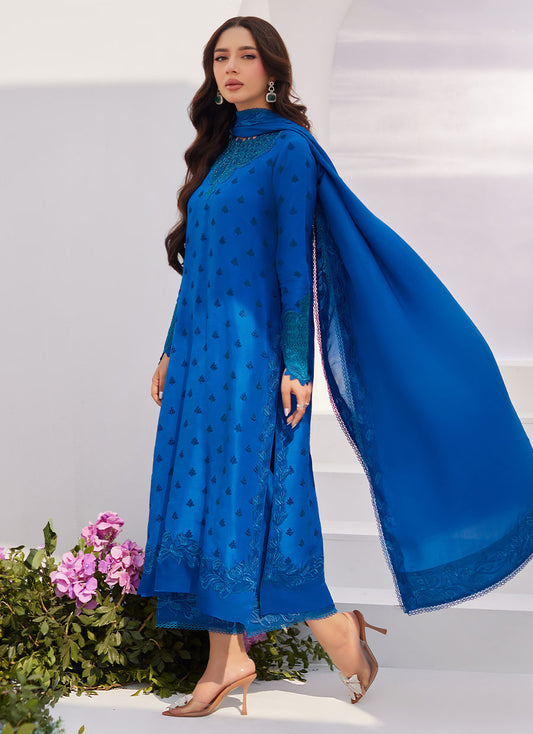 Charr Blue Embroidered Raw Silk Shirt and Dupatta