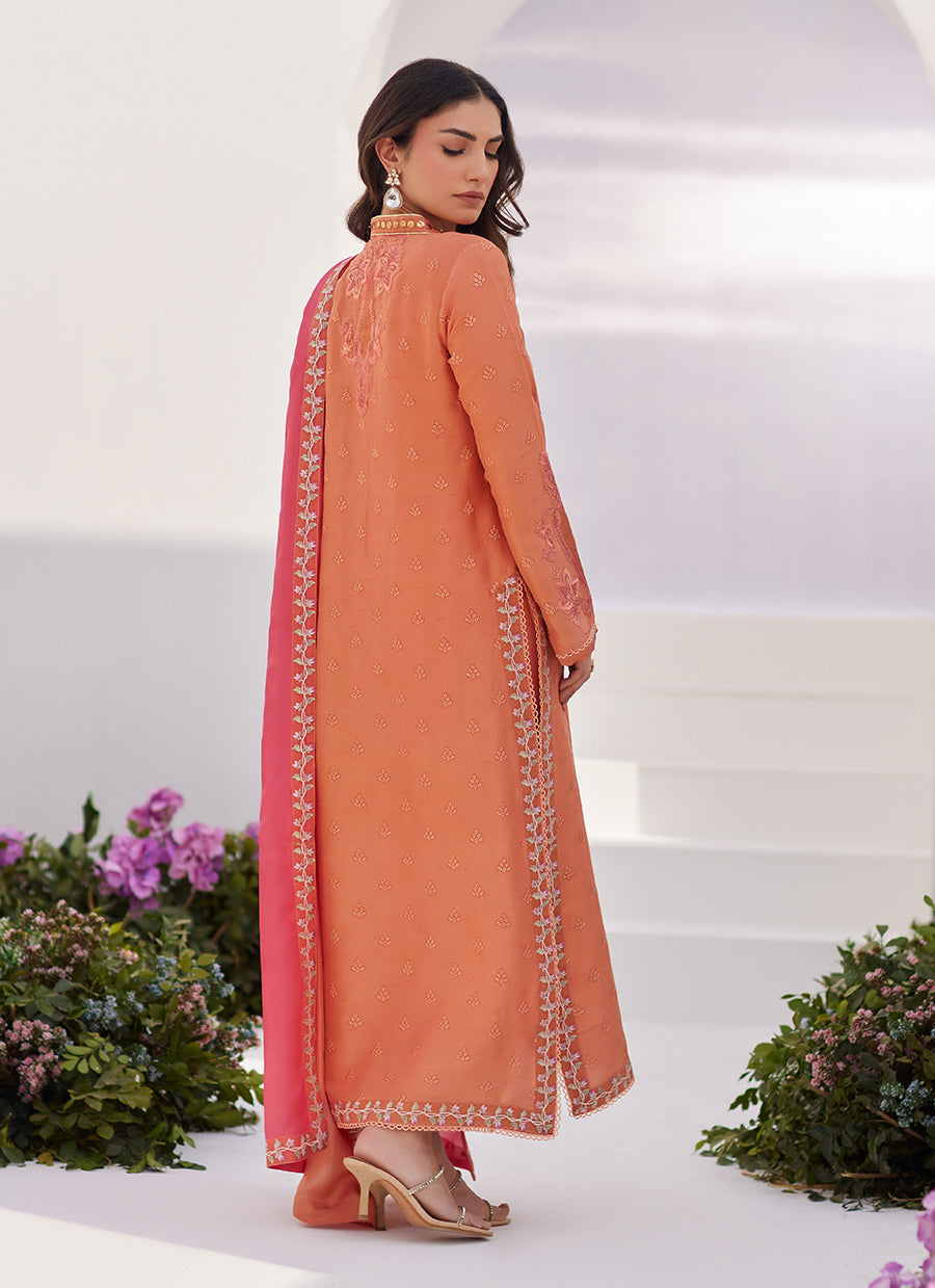 Elyna Coral Embroidered Raw Silk Shirt and Dupatta