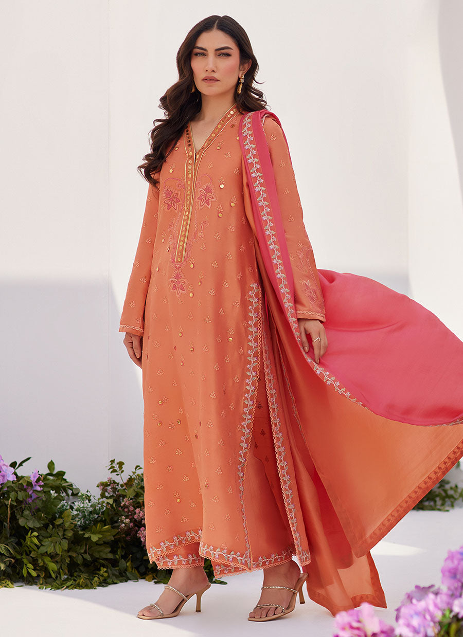 Elyna Coral Embroidered Raw Silk Shirt and Dupatta