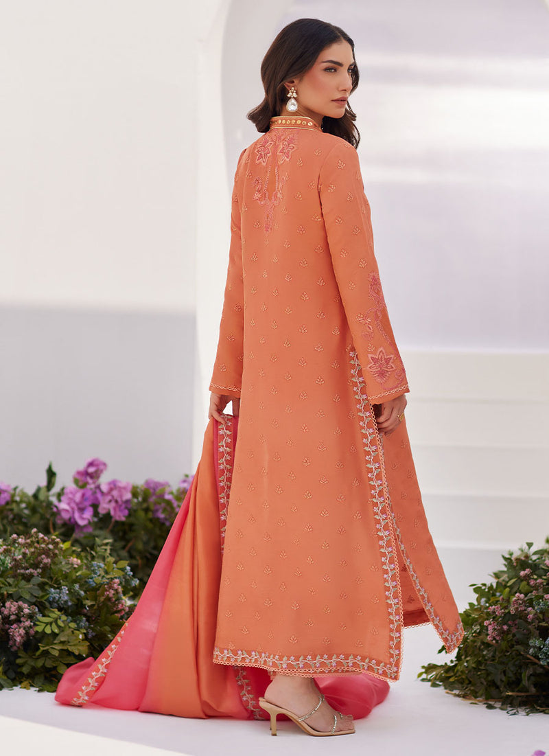 Elyna Coral Embroidered Raw Silk Shirt and Dupatta