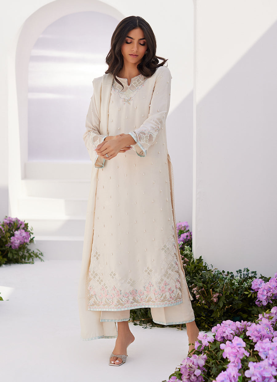 Lya Ivory Embellished Raw Silk Shirt and Dupatta