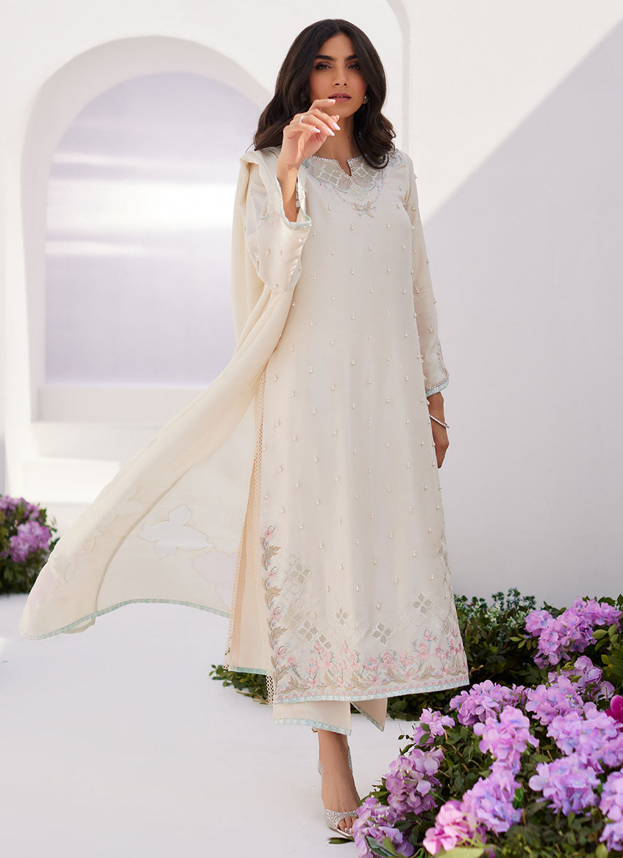 Lya Ivory Embellished Raw Silk Shirt and Dupatta