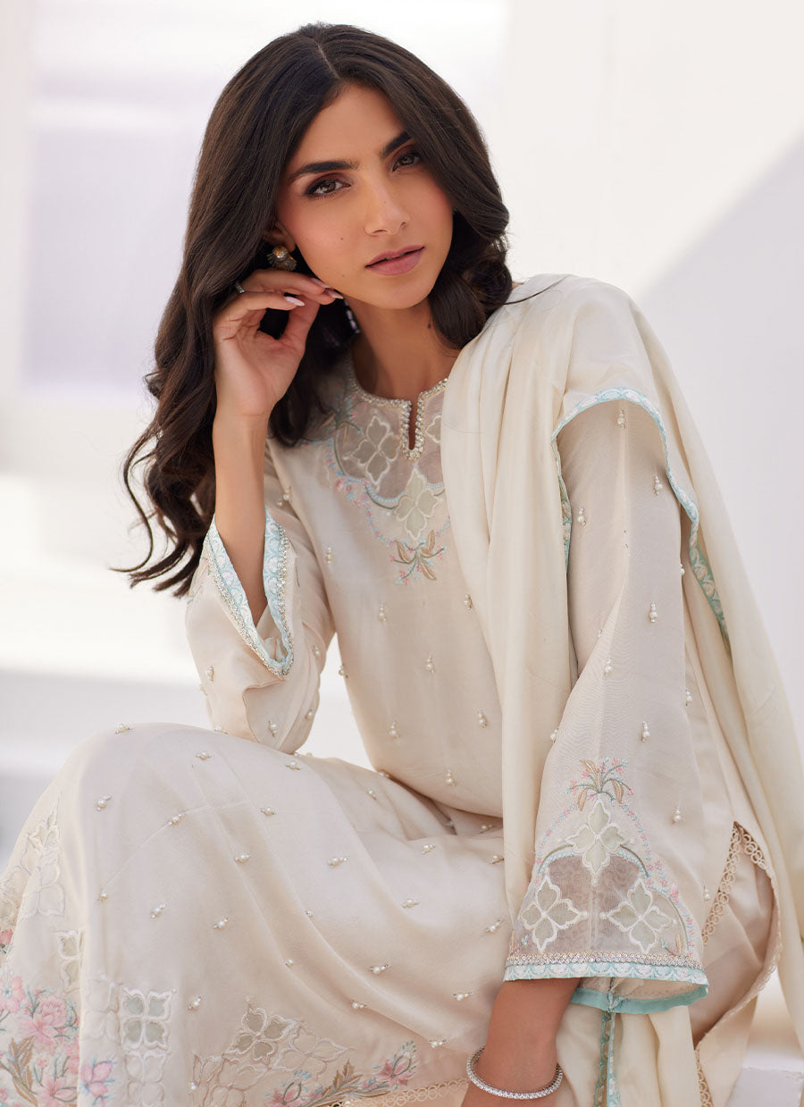 Lya Ivory Embellished Raw Silk Shirt and Dupatta