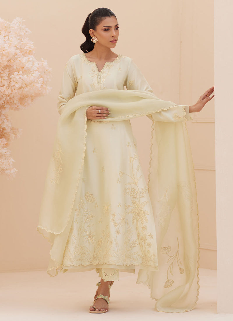 Crema Embroidered Raw Silk Shirt and Dupatta