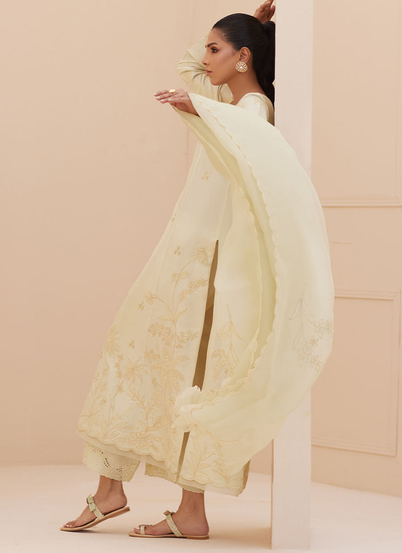Crema Embroidered Raw Silk Shirt and Dupatta