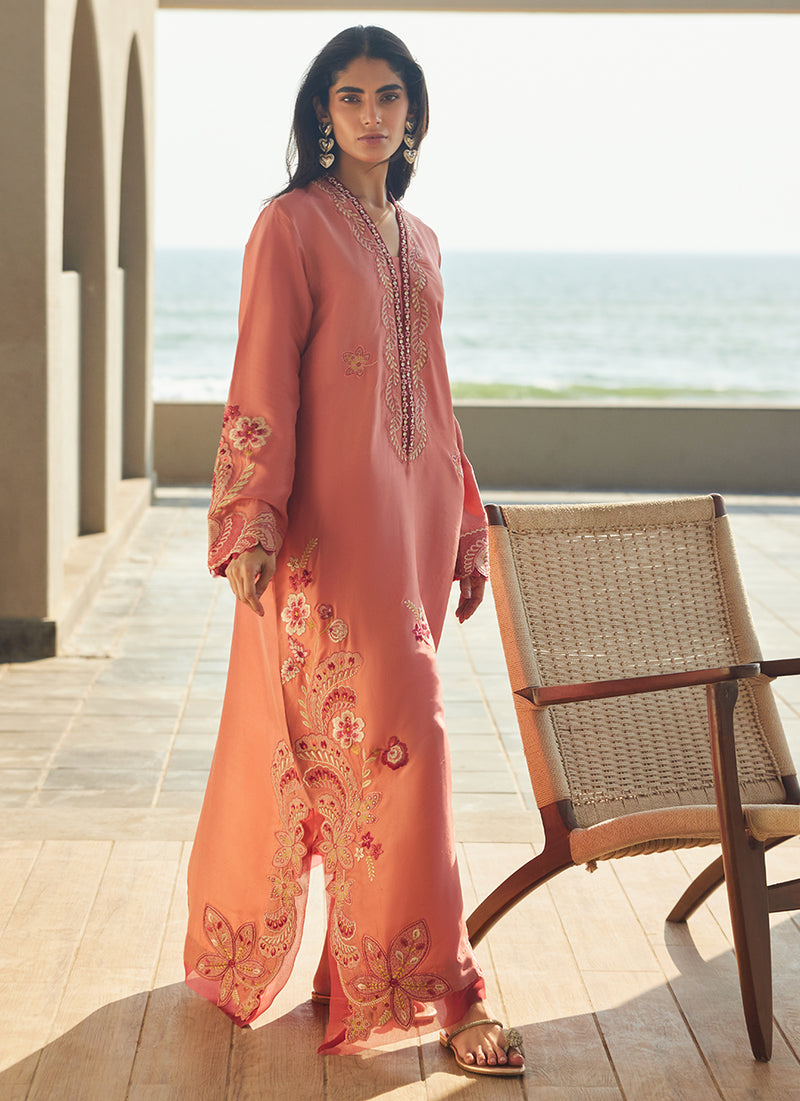 Nami Coral Silk Kaftan
