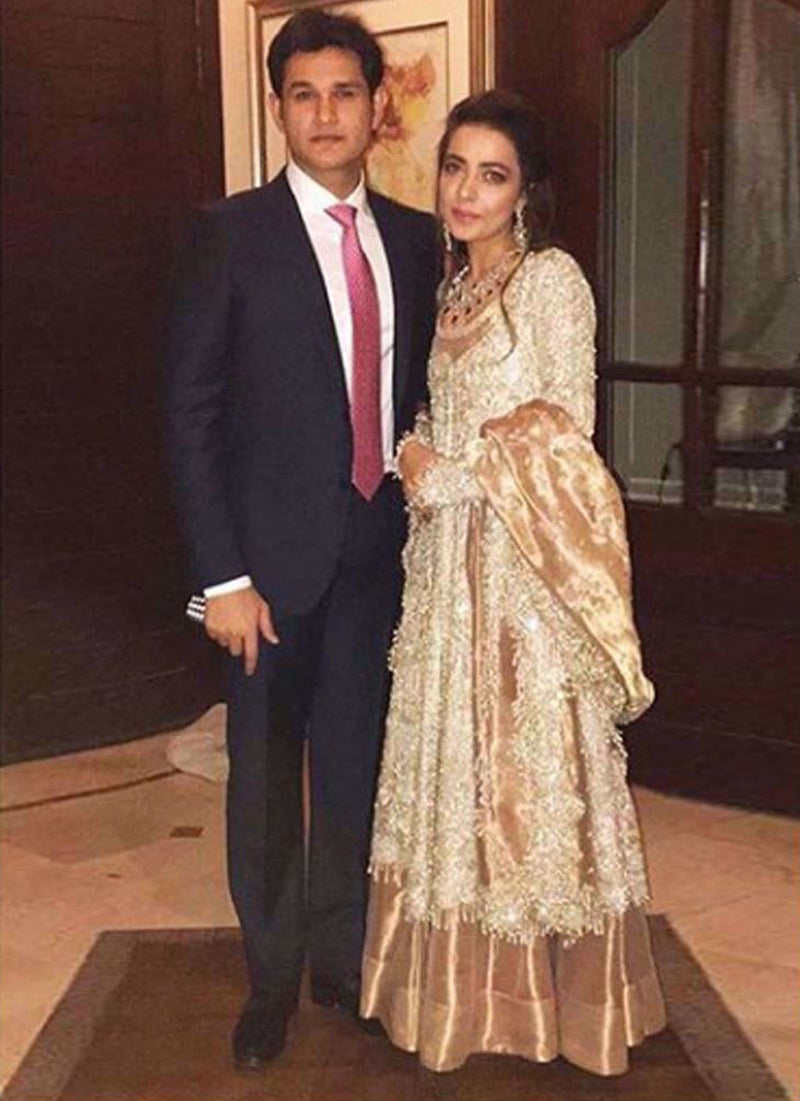 Maliha shimmering in a rose gold Farah Talib Aziz embellished ensemble