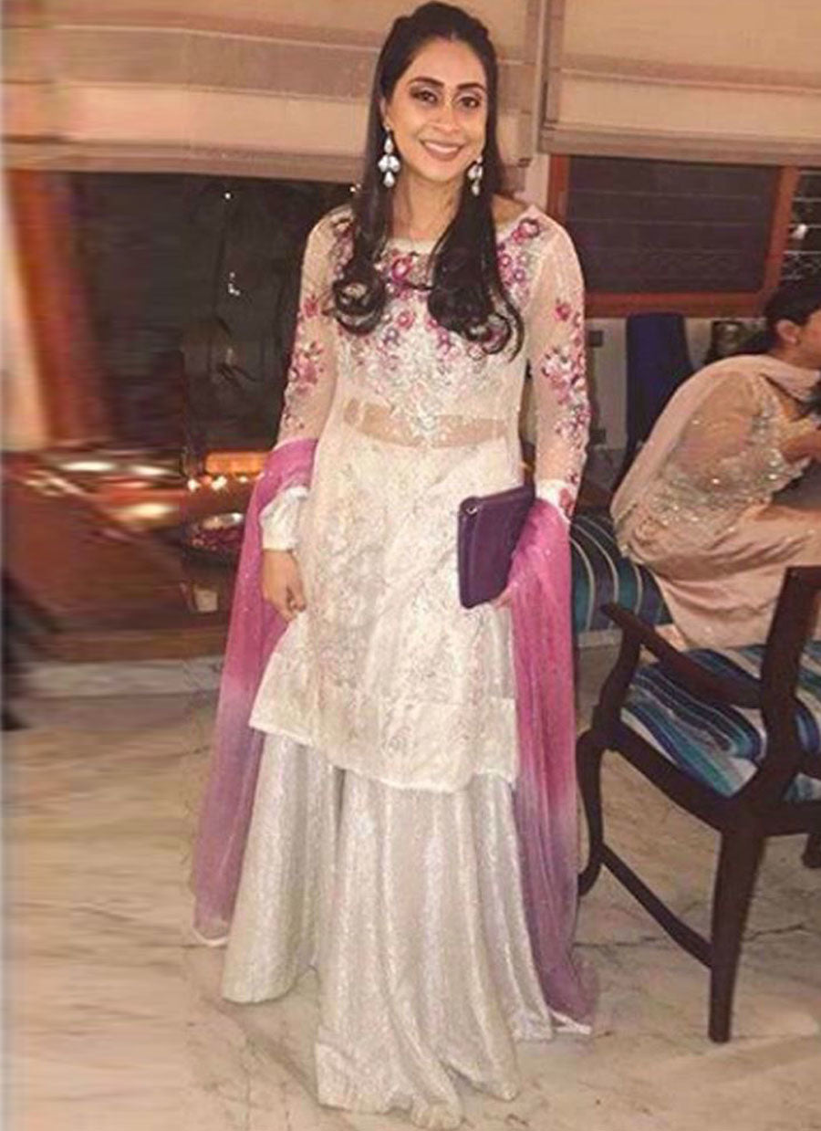 Maha looking beautiful in a silver and orchid Farah Talib Aziz ensemble
