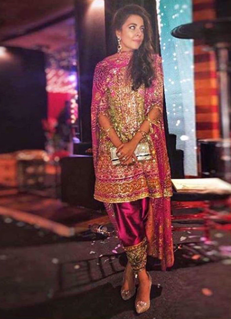 Maliha Aziz in a Farah Talib Aziz kiwi green and magenta kalidaar paired with a chunri chaddar and kharri shalwar