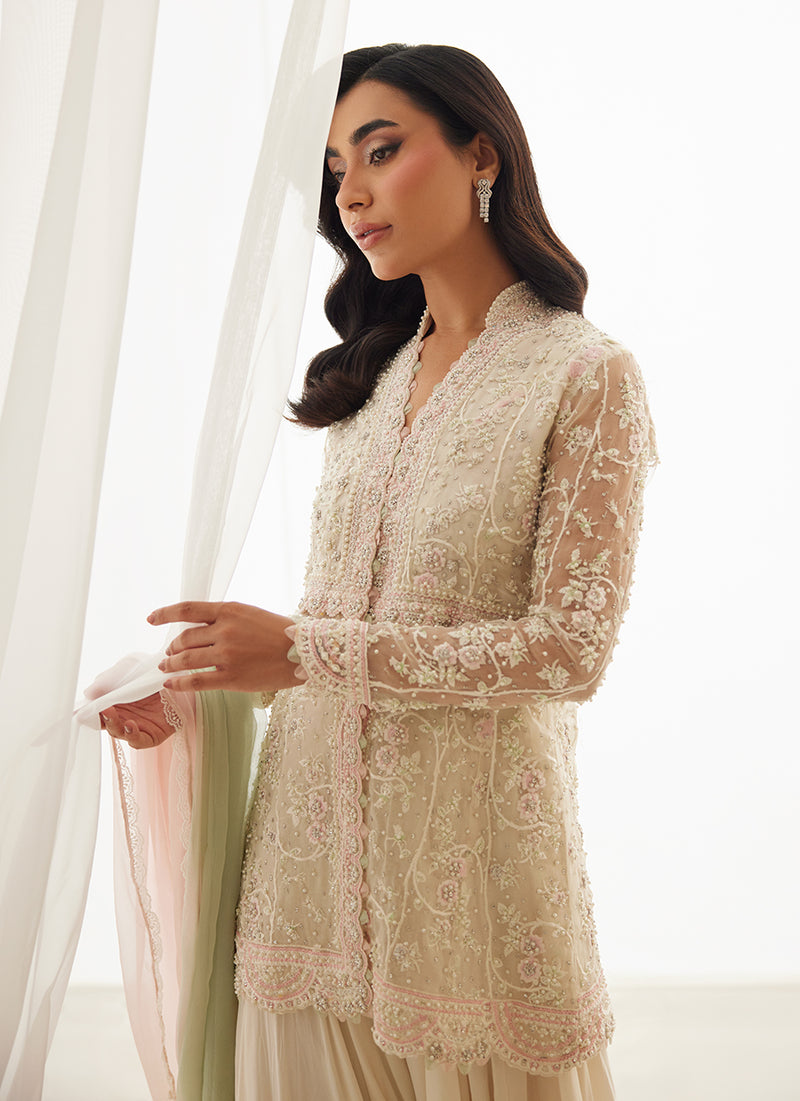 Zariah Ivory Peplum, Lehenga And Dupatta