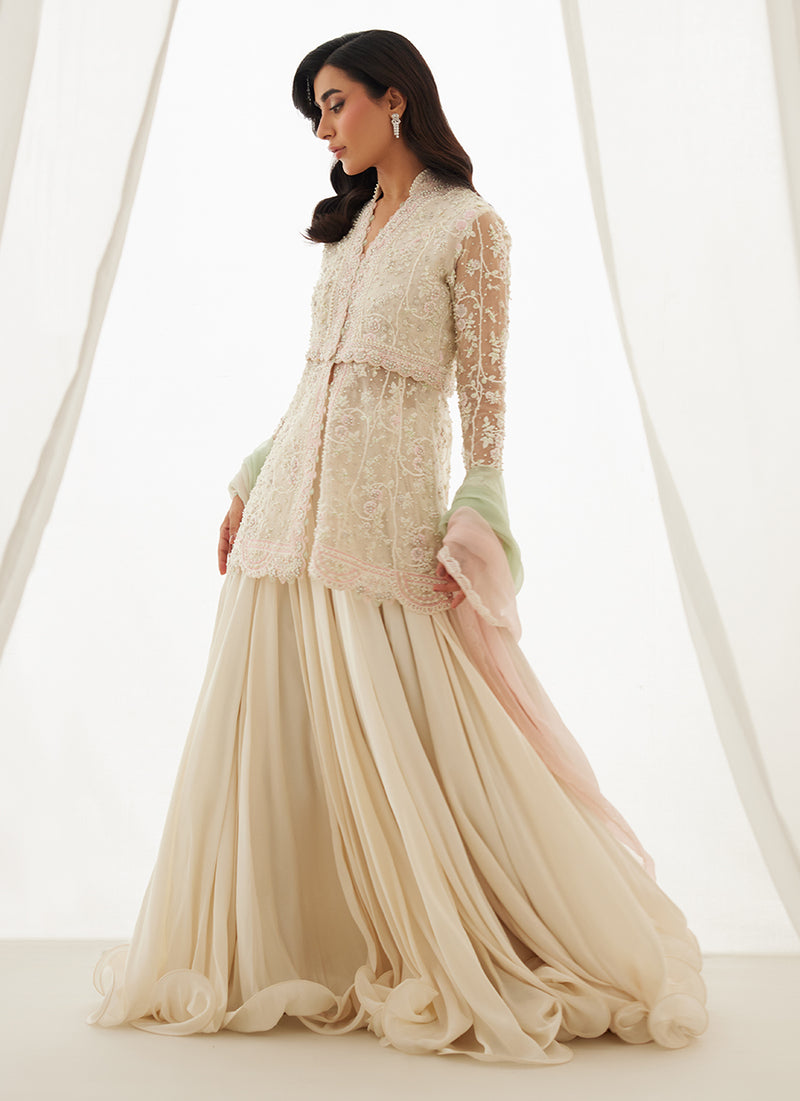 Zariah Ivory Peplum, Lehenga And Dupatta