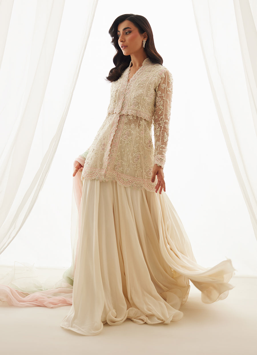 Zariah Ivory Peplum, Lehenga And Dupatta