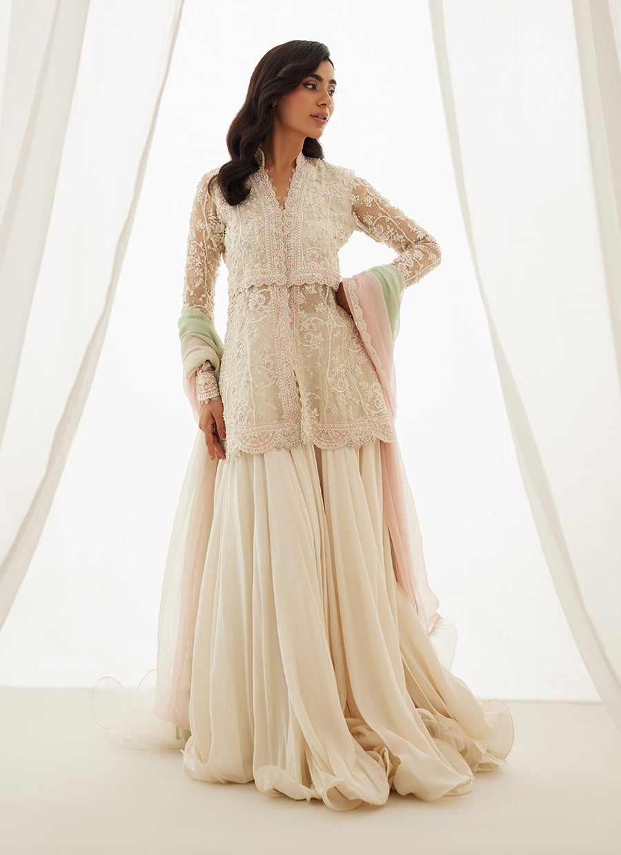 Zariah Ivory Peplum, Lehenga And Dupatta