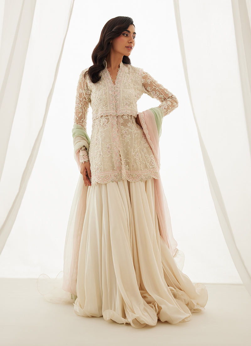 Zariah Ivory Peplum, Lehenga And Dupatta