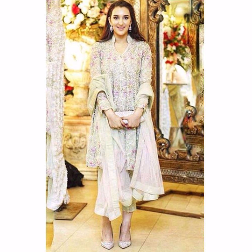 Samah Mudassir beautiful in a soft pistachio Farah Talib Aziz wedding wear ensemble