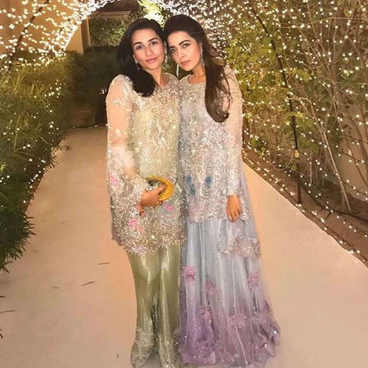 Our favourite beauties Sana Ansari and Maliha Aziz shimmering in pastel Farah Talib Aziz ensembles