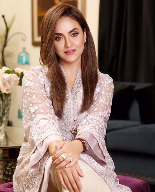 #NadiaKhan giving life to our day in a pale pink hand embellished #FarahTalibAziz luxe Pret outfit that’s perfect to brighten your Ramadan and Eid celebrations