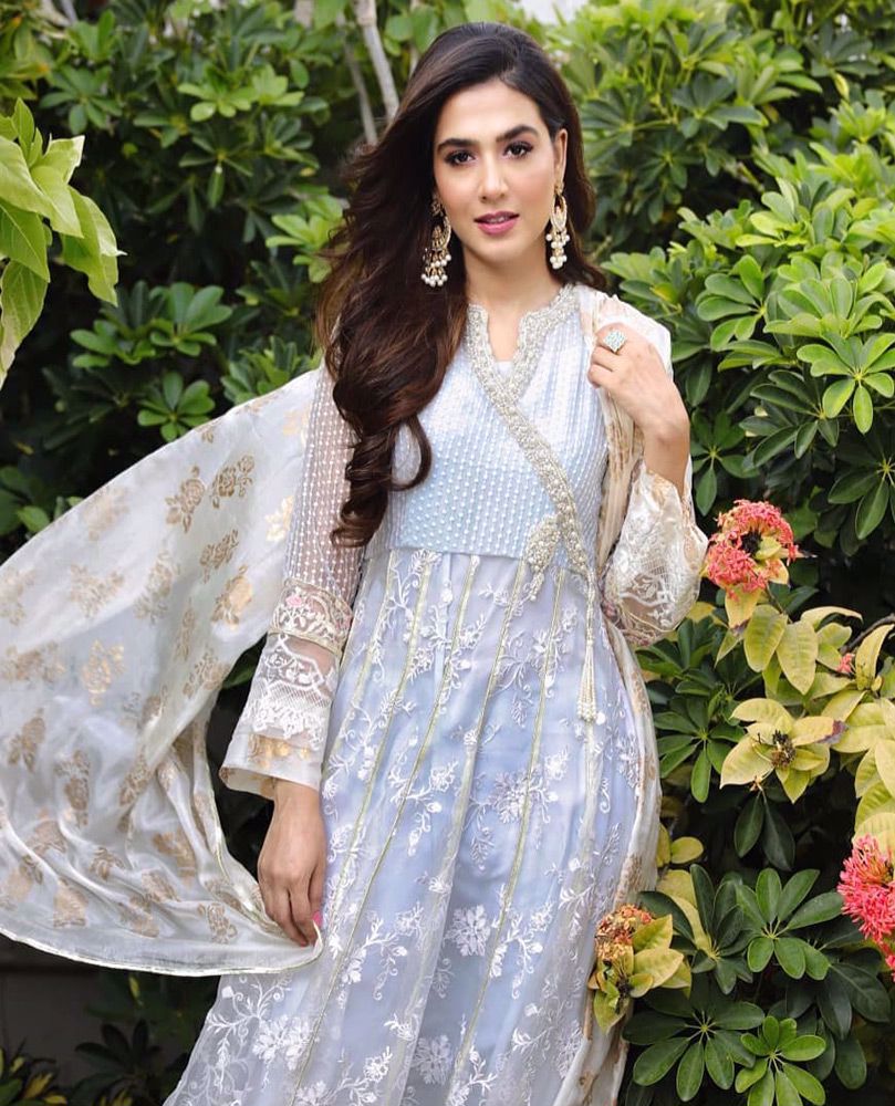 #ManshaPasha beautiful in an ice blue hand embellished #FarahTalibAziz luxe Pret outfit that’s perfect for all festivities!