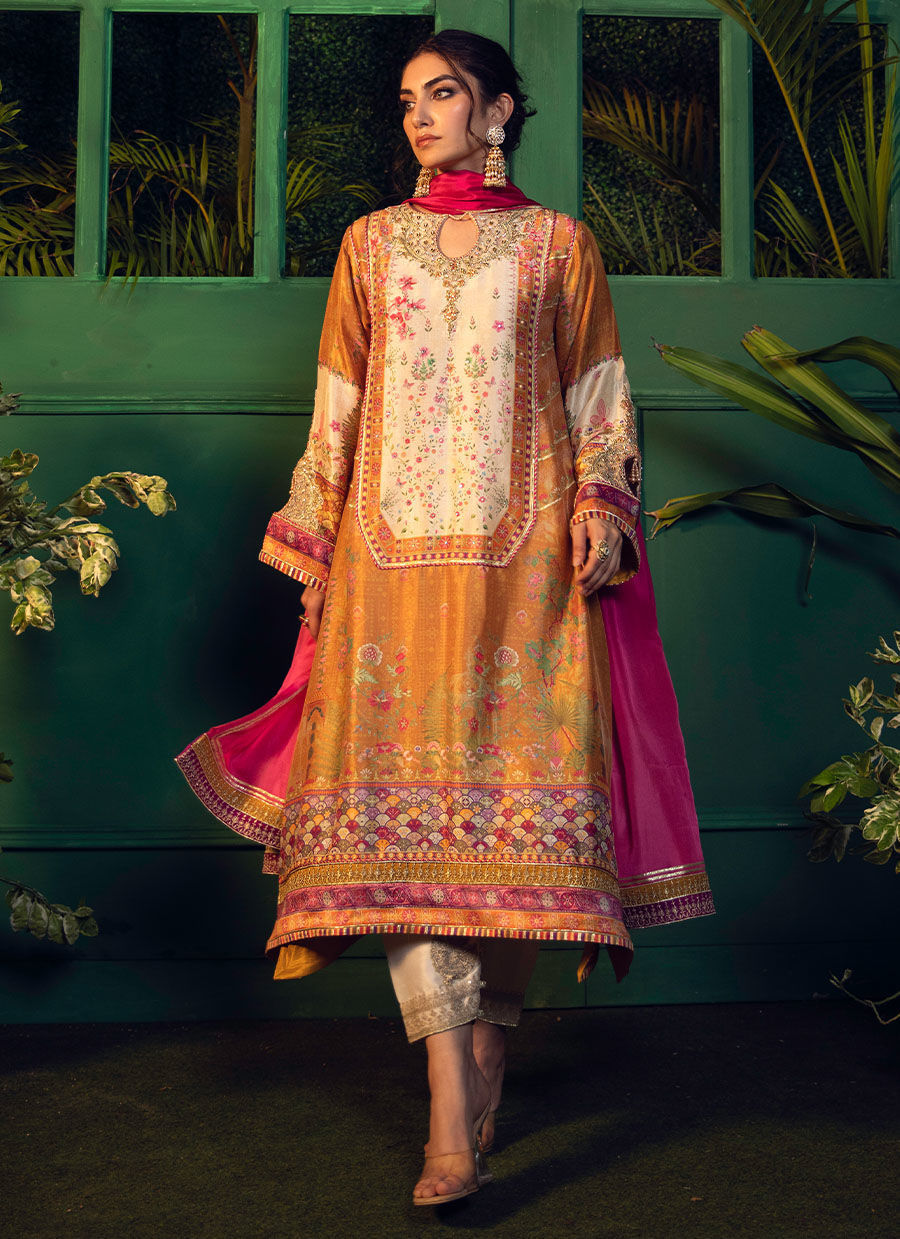 ROSHAN PRINTED RAW SILK KURTA WITH SILK OMBRE DUPATTA