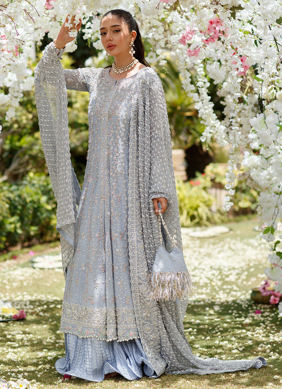 Clem Cornflower Blue Kallidaar Bridal with heavily Embellished dupatta and Crushed Swirl Maxi