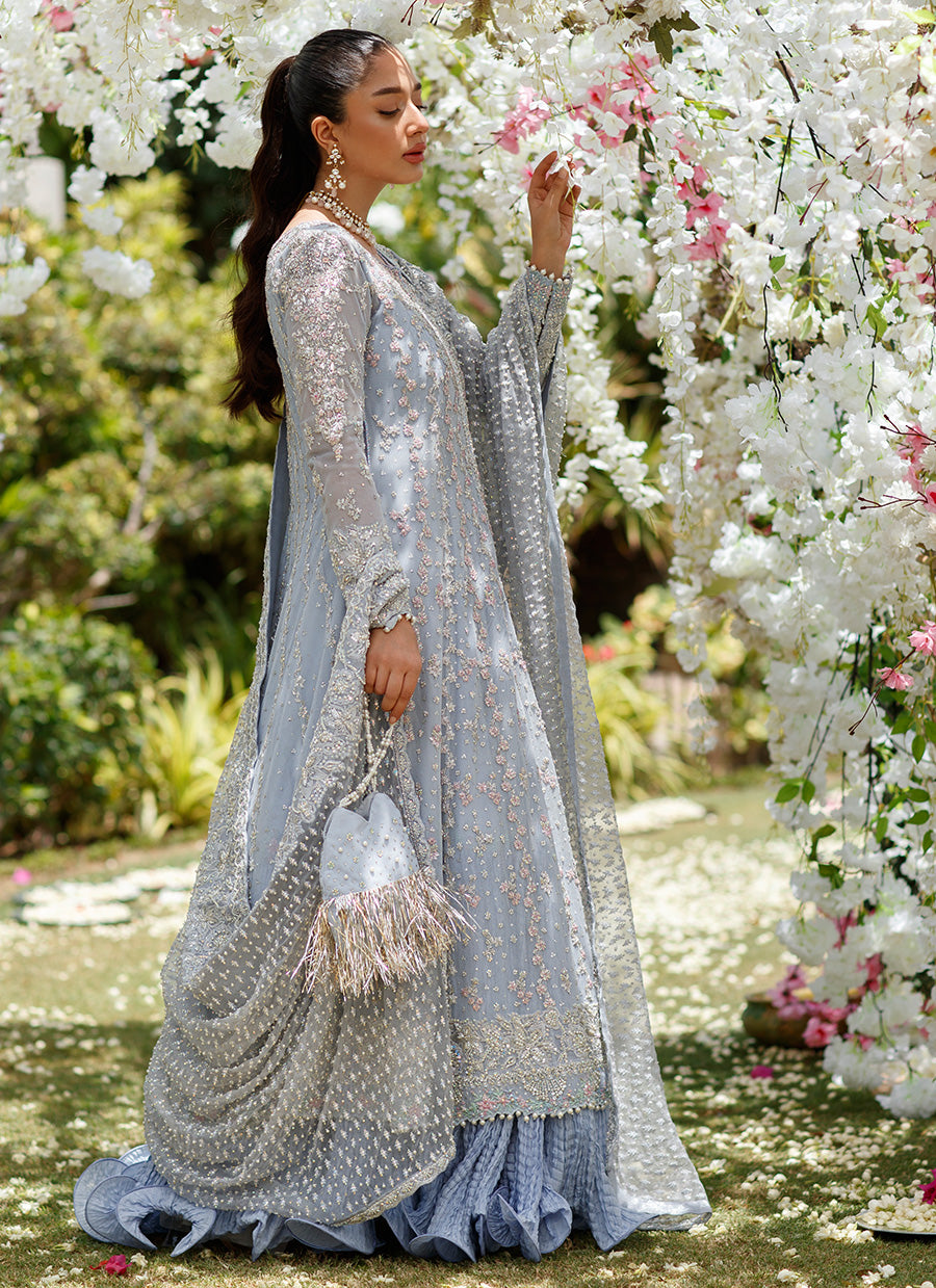 Clem Cornflower Blue Kallidaar Bridal with heavily Embellished dupatta and Crushed Swirl Maxi