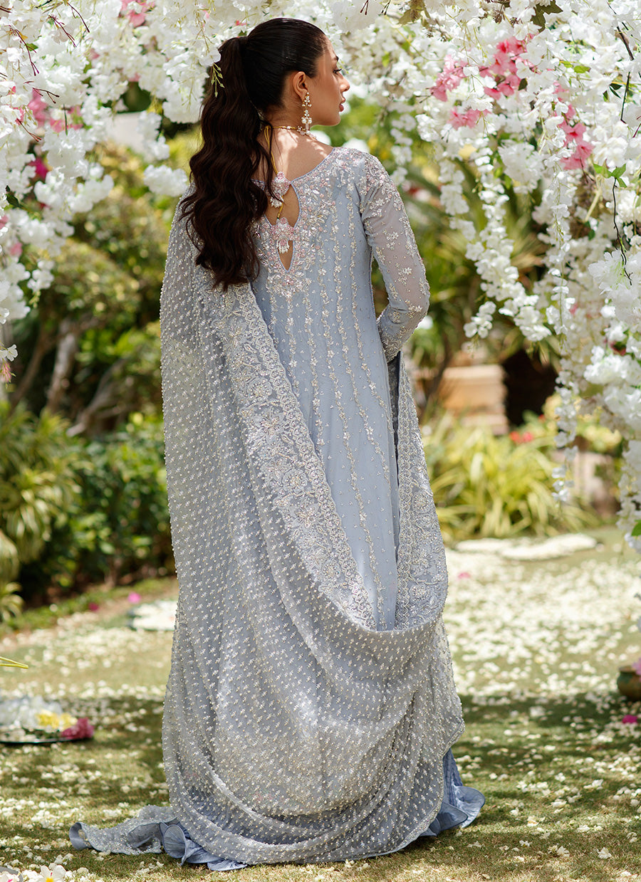 Clem Cornflower Blue Kallidaar Bridal with heavily Embellished dupatta and Crushed Swirl Maxi