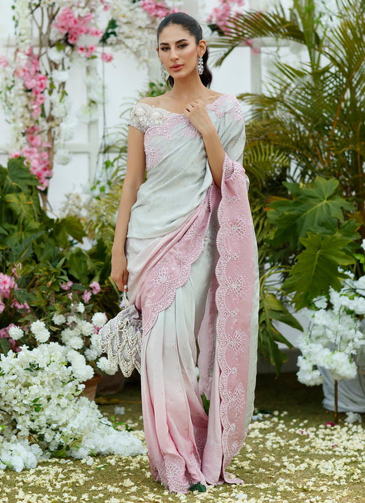 Camelia silver to blush Ombre Saree