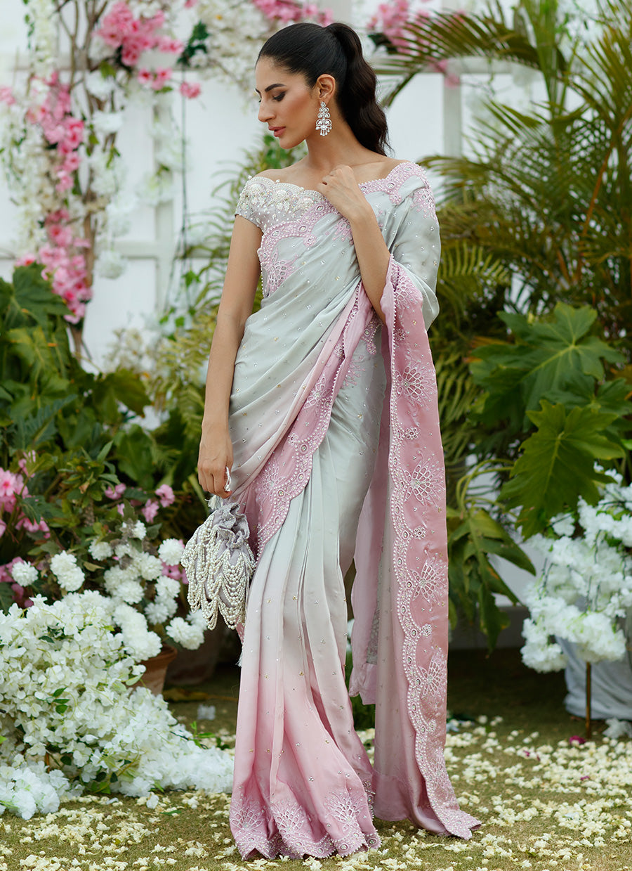 Camelia silver to blush Ombre Saree