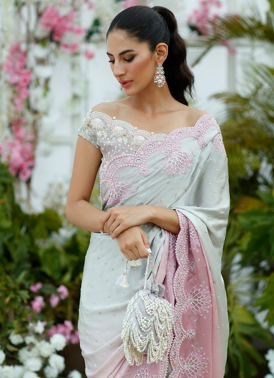 Camelia silver to blush Ombre Saree