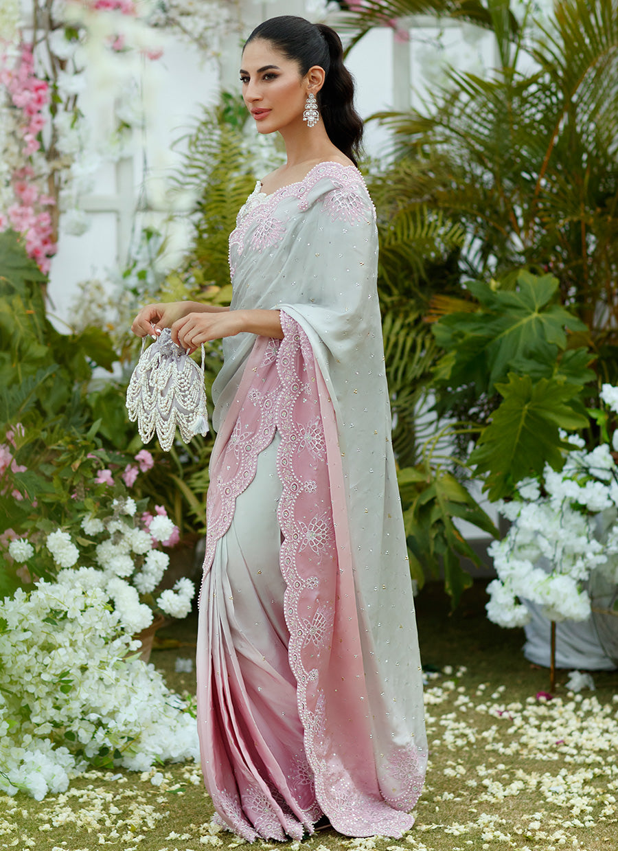 Camelia silver to blush Ombre Saree