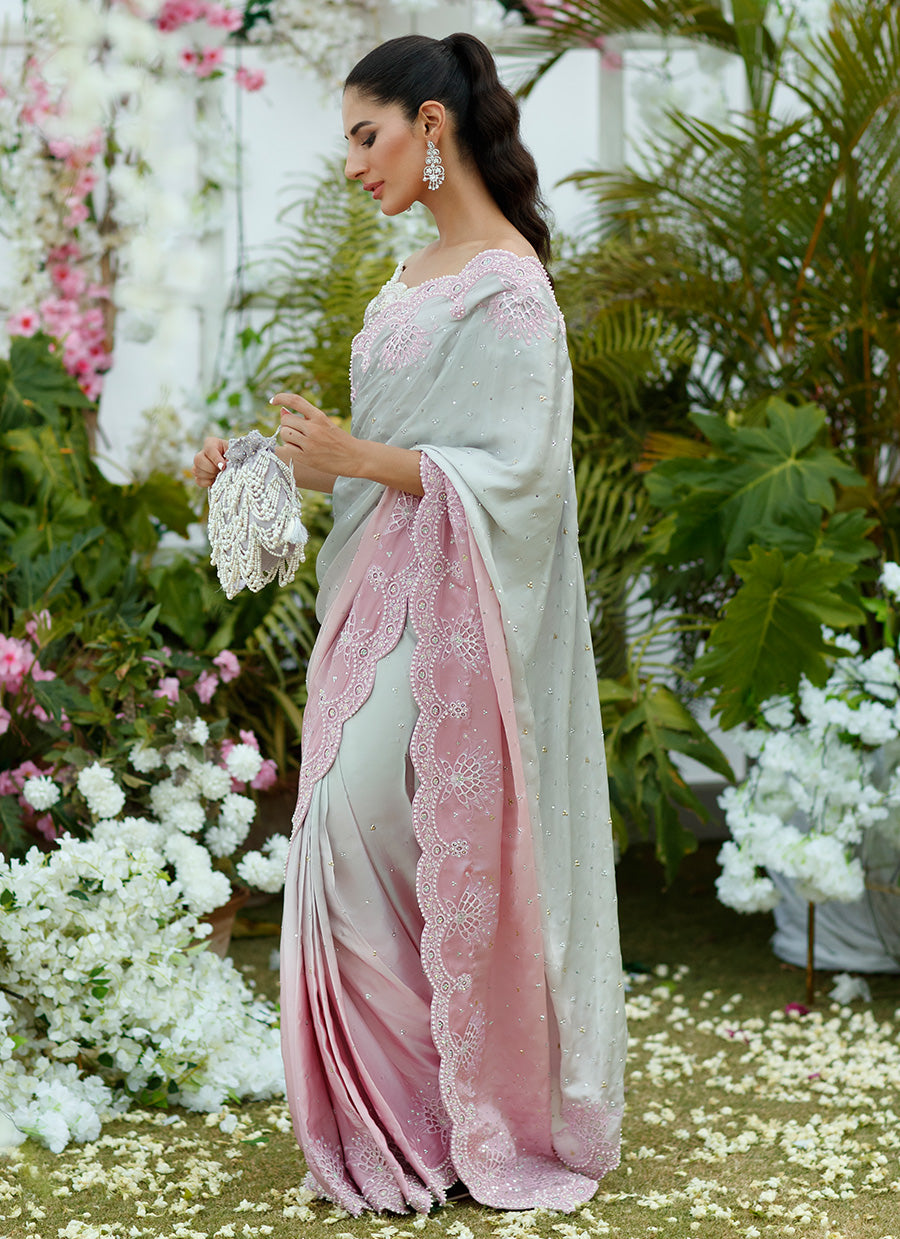 Camelia silver to blush Ombre Saree