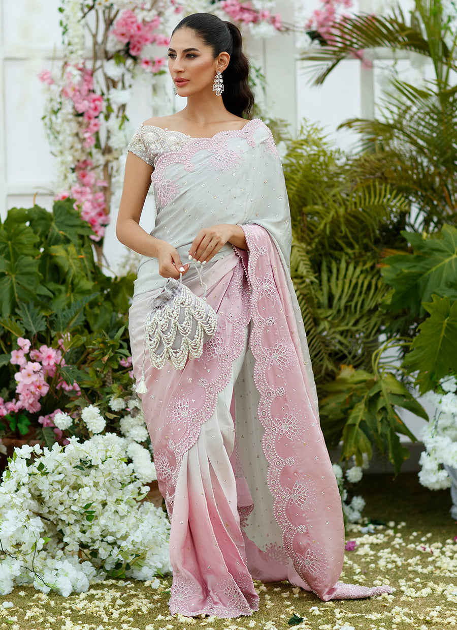 Camelia silver to blush Ombre Saree