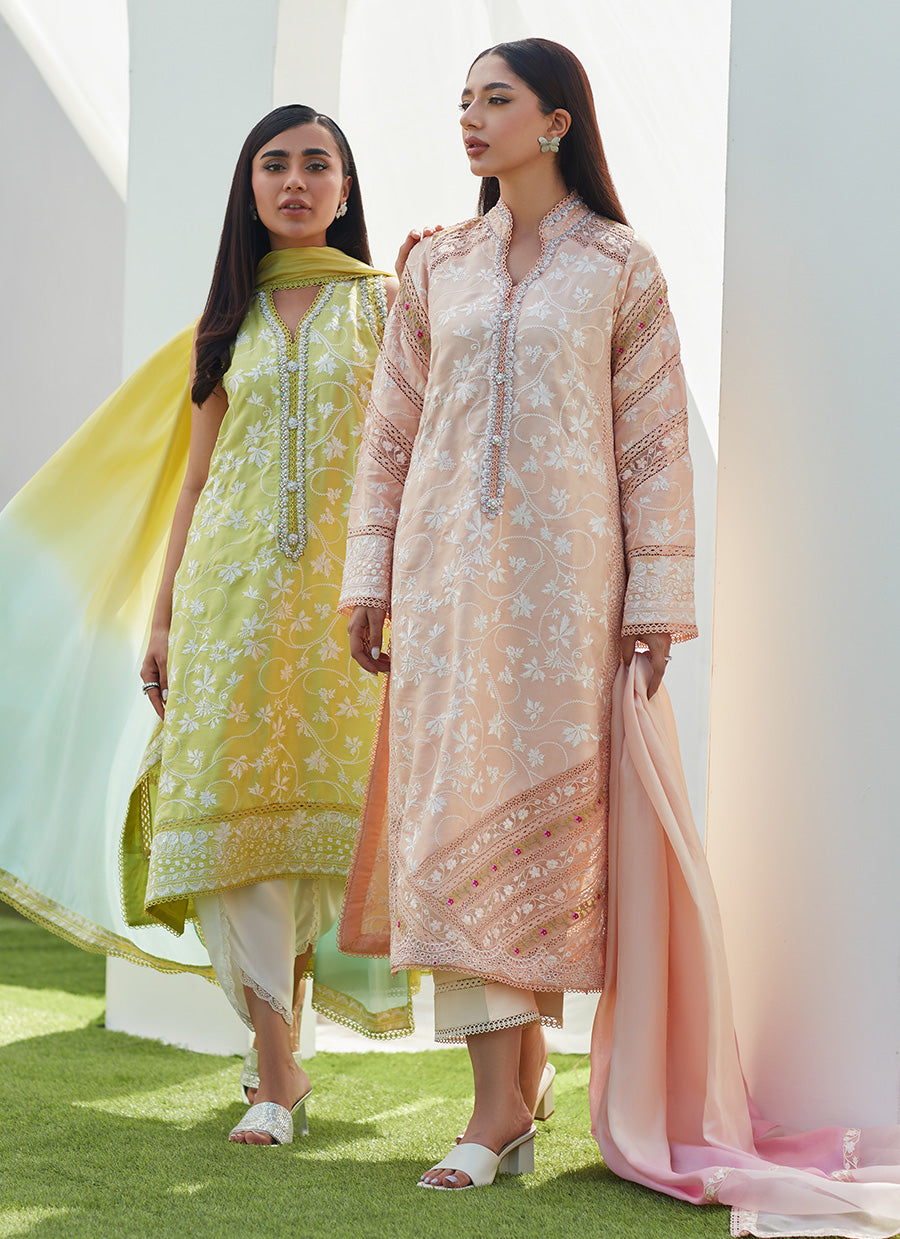 Dawn Peach Embroidered Silk Shirt and Dupatta