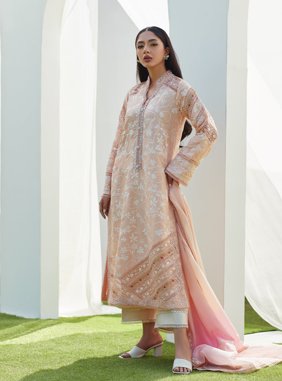 Dawn Peach Embroidered Silk Shirt and Dupatta