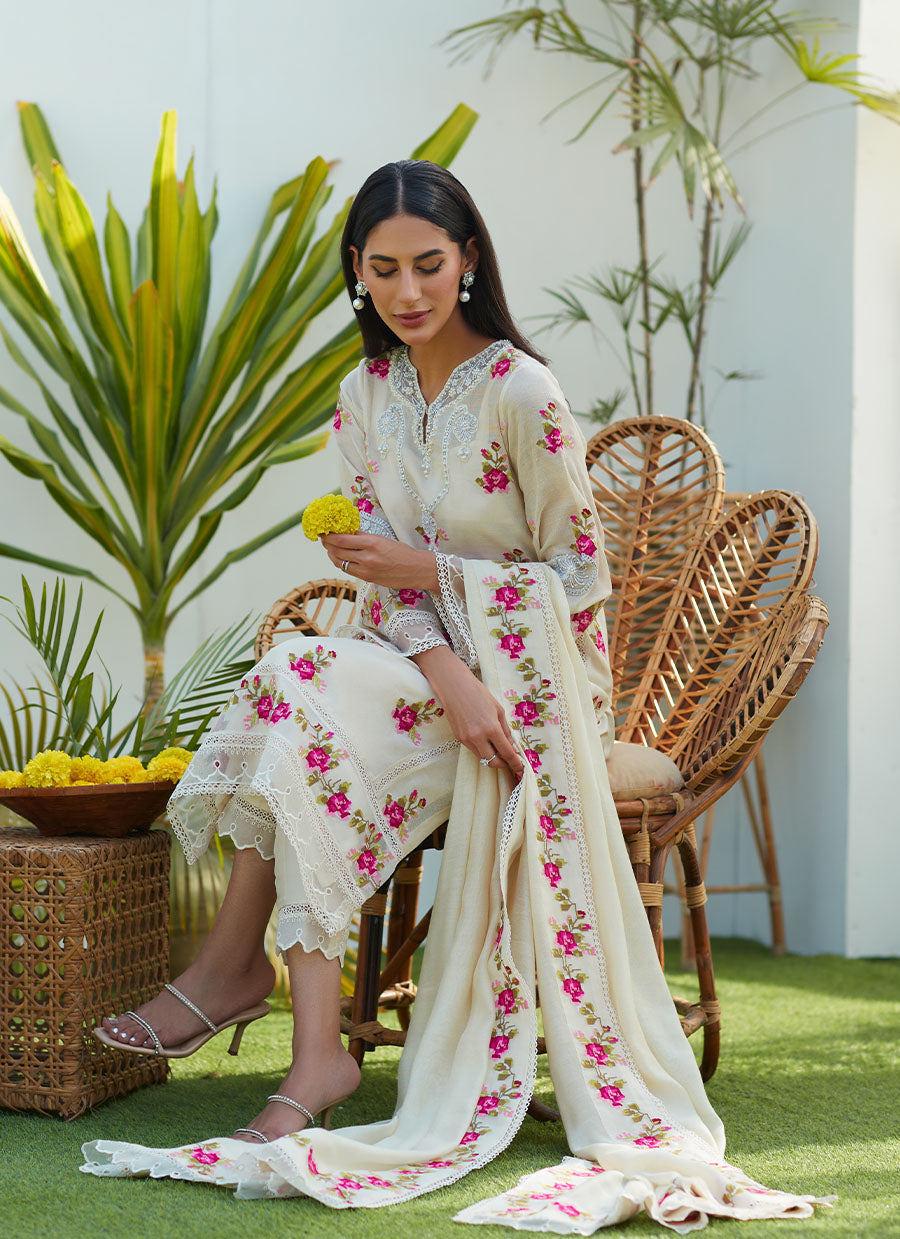 Lggy Ivory Rose Cross Stitch Shirt and Dupatta