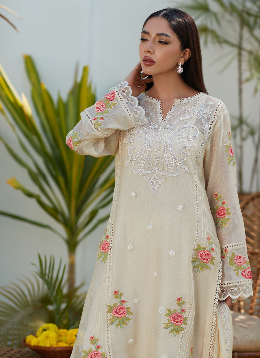 April Ivory Cross Stitch Cotton Net Shirt and Dupatta