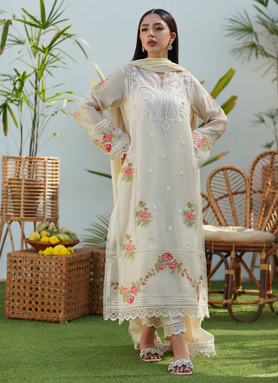 April Ivory Cross Stitch Cotton Net Shirt and Dupatta