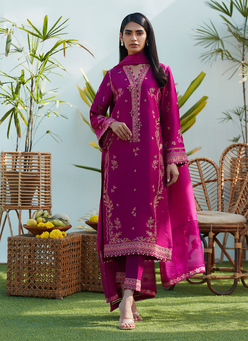 Prim Magenta Silk Embroidered Shirt and Dupatta