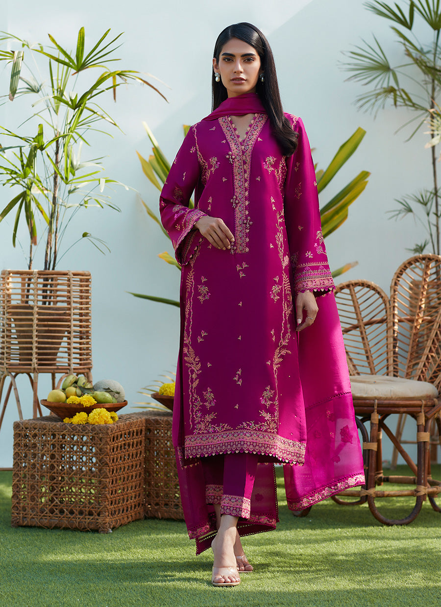 Prim Magenta Silk Embroidered Shirt and Dupatta