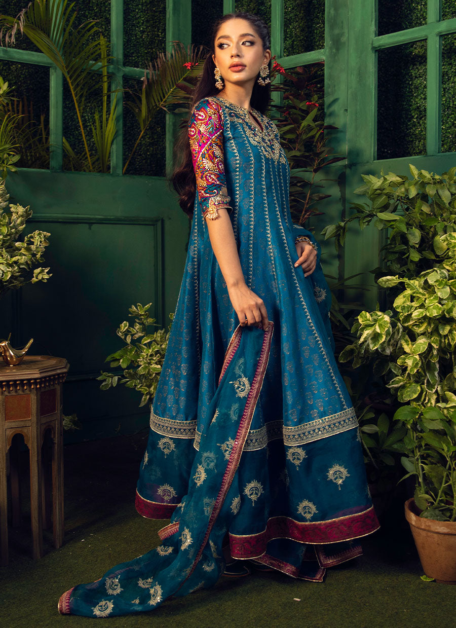 Firu Teal Kalidaar With Teal Organza Dupatta