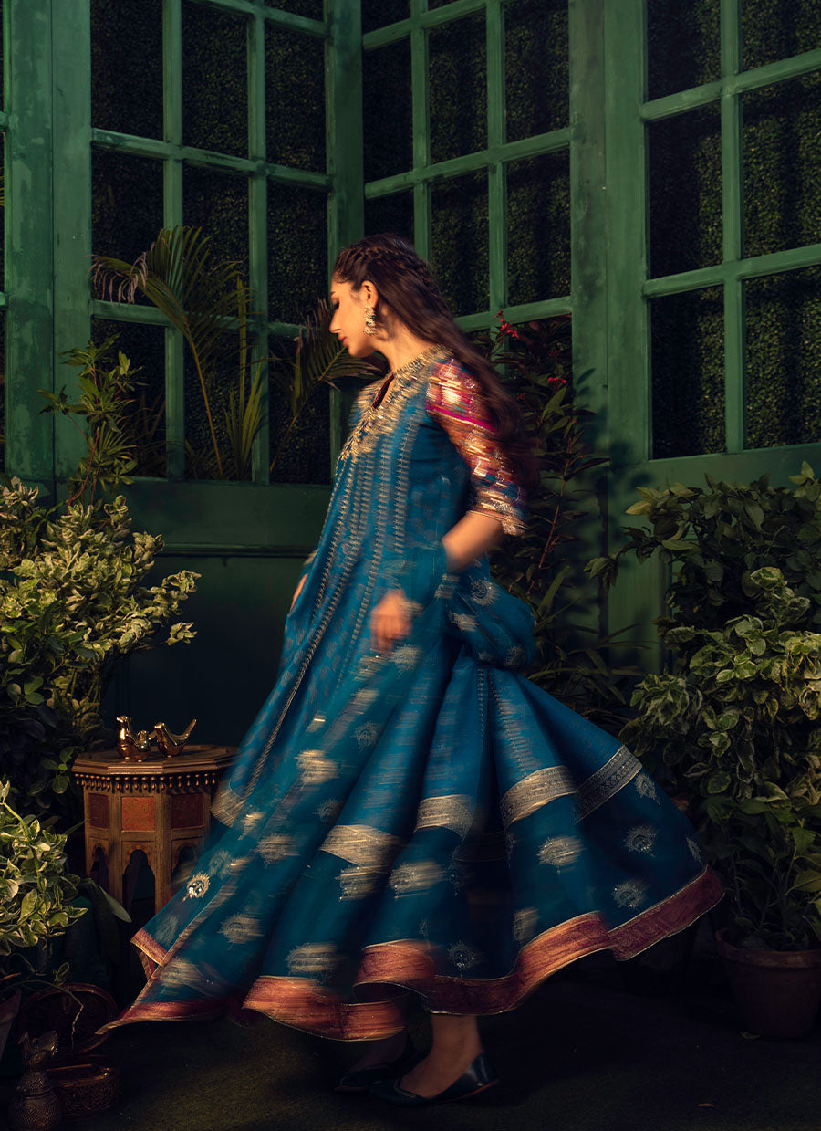 Firu Teal Kalidaar With Teal Organza Dupatta