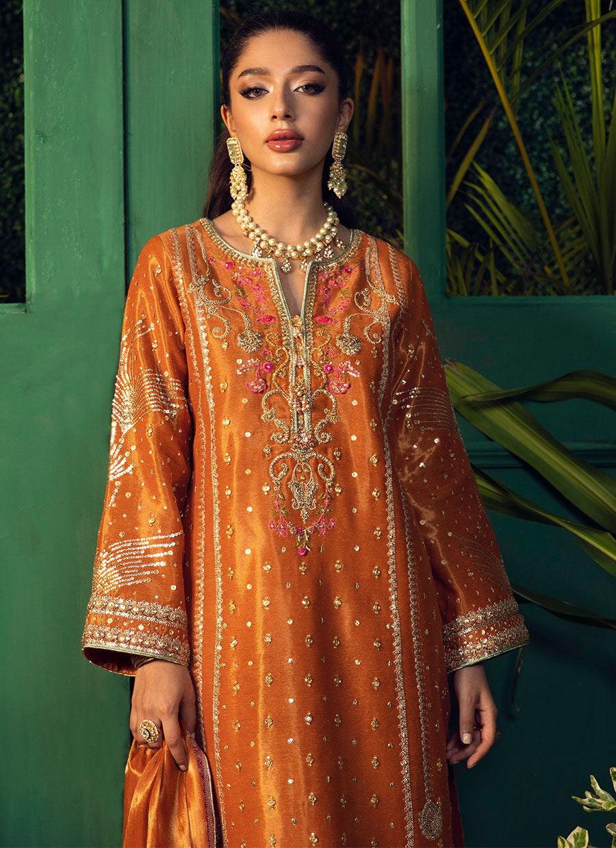 Bahar Burnt Orange Kurta With Pure Tissue Ombre Dupatta