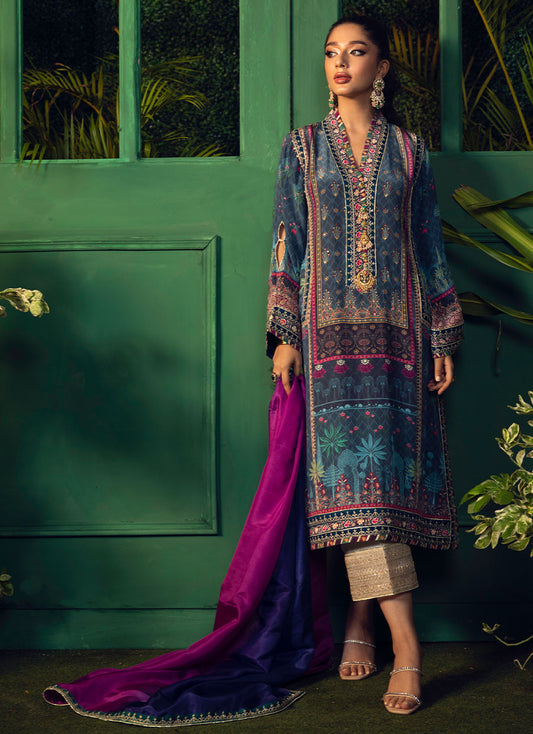 Iraan Navy Printed Crepe Silk Kurta With Silk Ombre Dupatta