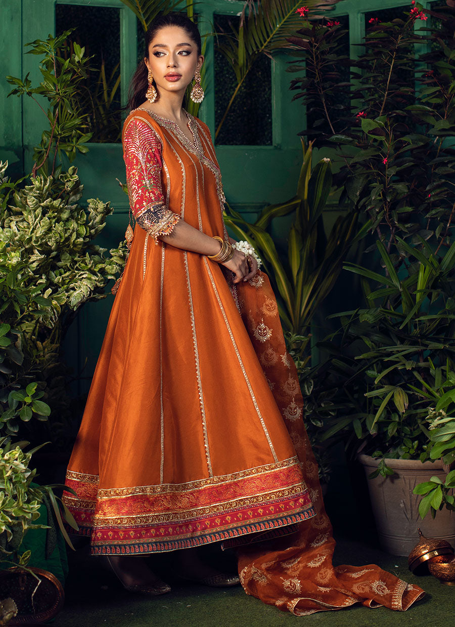 Shohreh Rust Kalidaar With Organza Baali Embroidered Sequence Dupatta