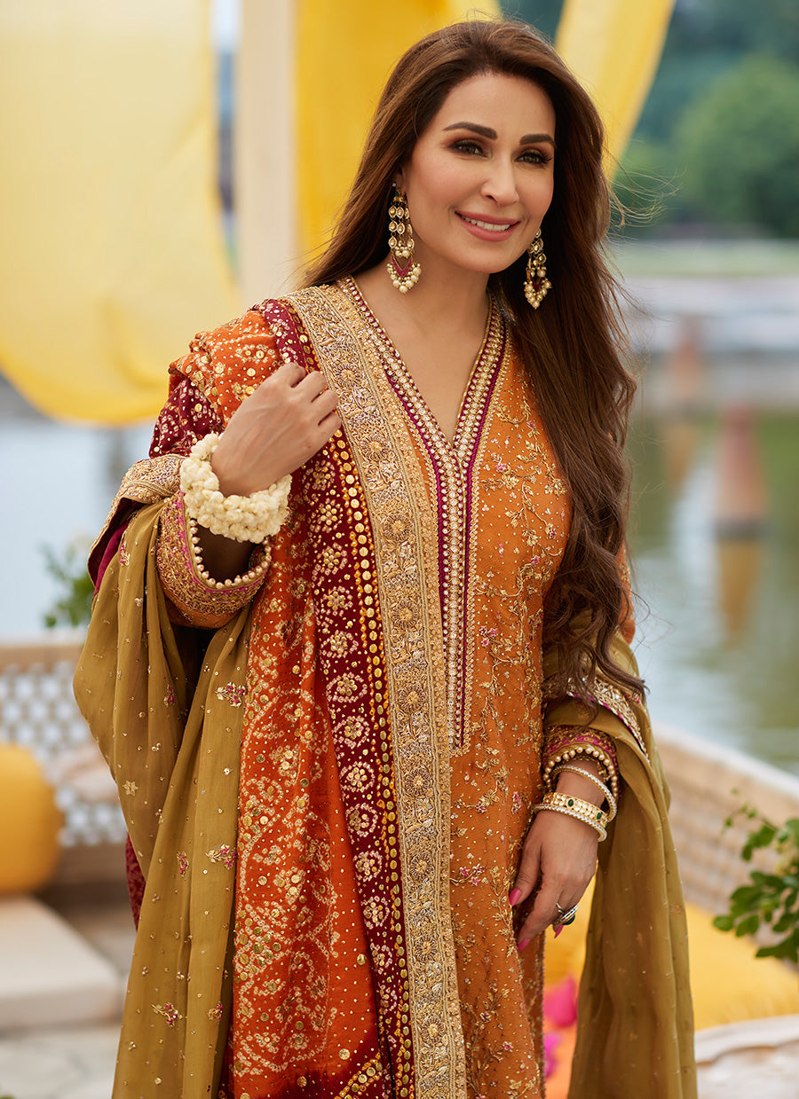 Reema Mayun Orange Kurta Izaar Dupatta